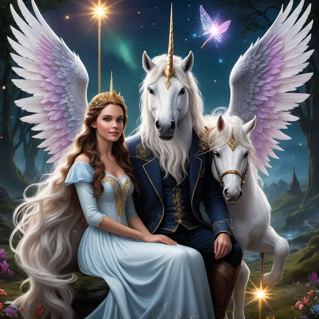 a man and woman sitting on a white horse with wings on their backs, with a white unicorn and a white horse, fantasy art, a storybook illustration, Anne Stokes, highly detailed digital painting