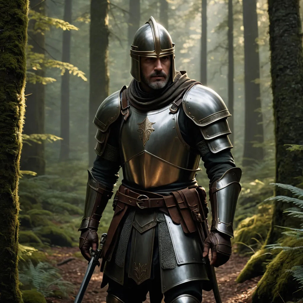 a man in a suit of armor standing in a forest with a sword in his hand and a helmet on, antipodeans, a character portrait, Artur Tarnowski, medieval