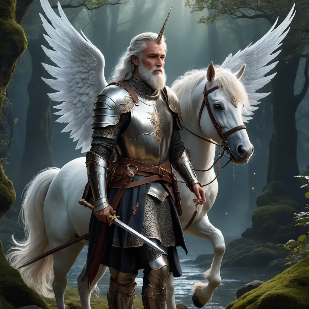 a man in armor riding a white horse in a forest with a white beard and white hair and wings, fantasy art, a storybook illustration, Anne Stokes, epic fantasy character art