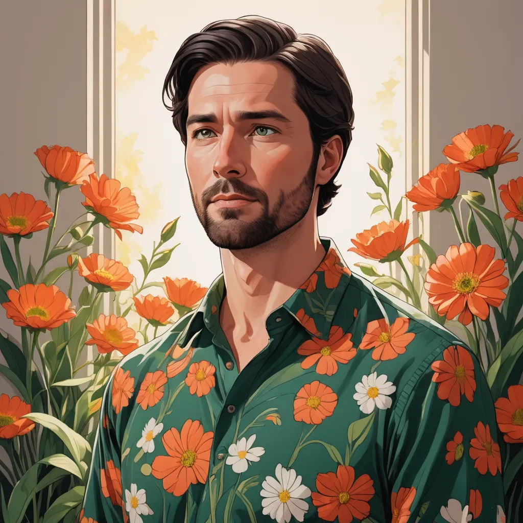 a man with a beard and a flower shirt on standing in front of a window with orange flowers in the background, serial art, a character portrait, Colin Middleton, character portrait