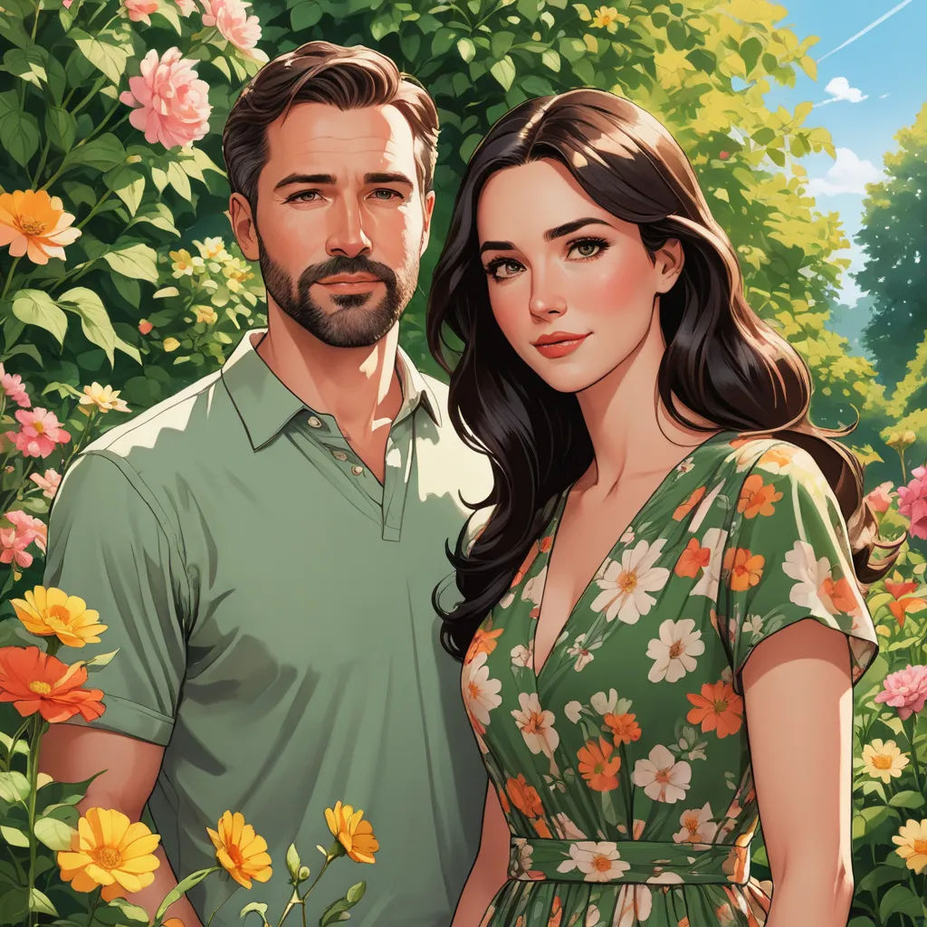 a painting of a man and woman standing in front of flowers and trees with a sky background and a sunflower, serial art, a detailed painting, Colin Middleton, rossdraws global illumination