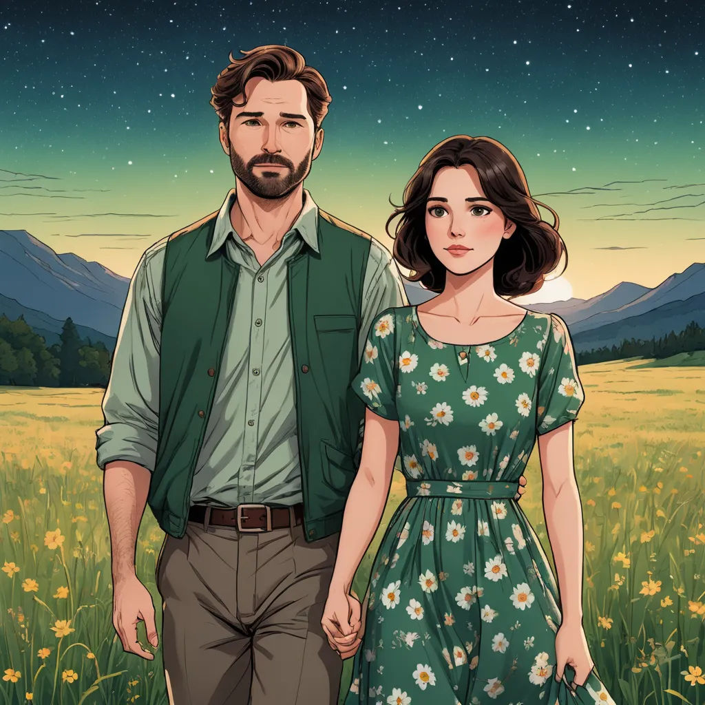 a man and a woman holding hands in a field of flowers under a night sky with stars and a full moon, serial art, a storybook illustration, Atey Ghailan, key art