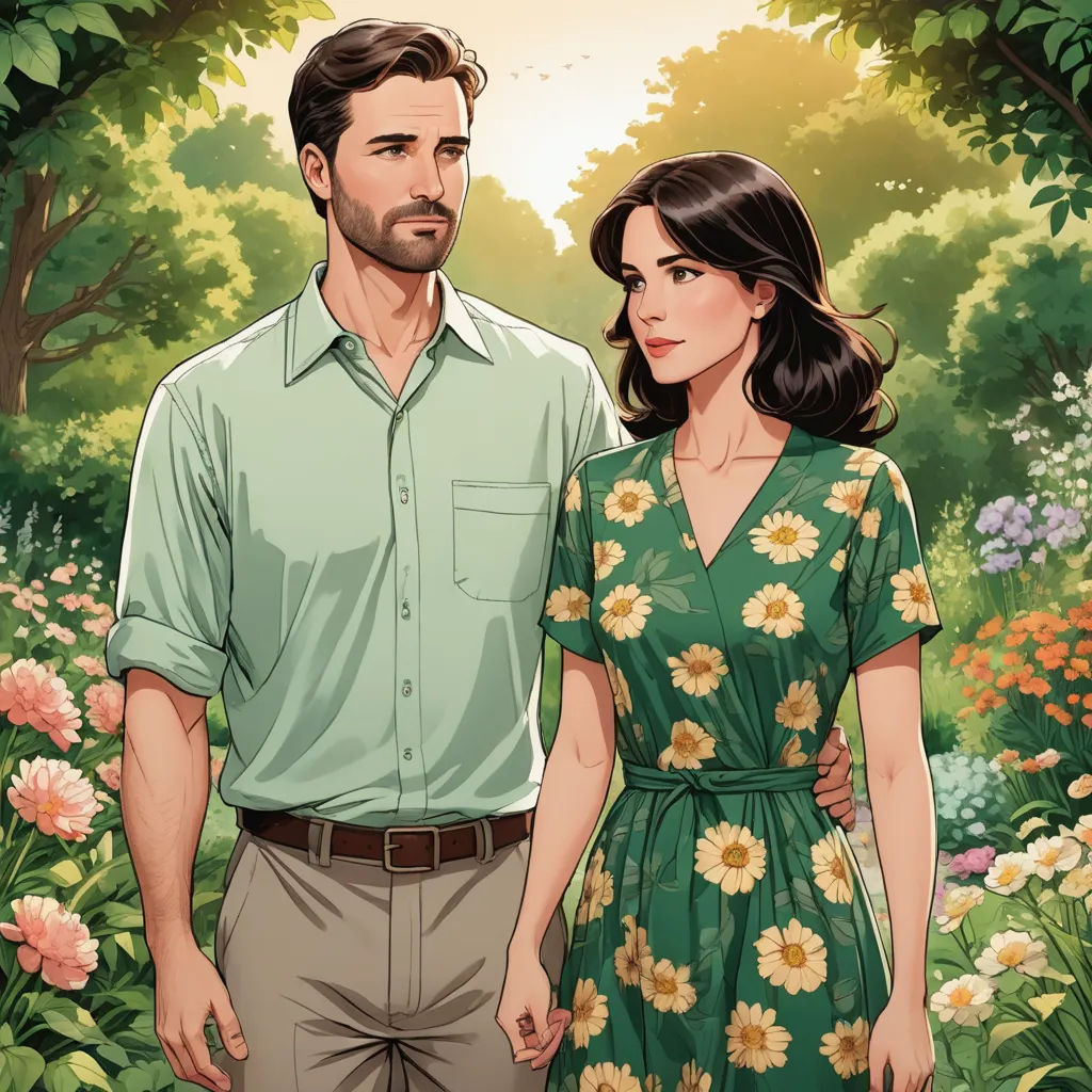 a man and a woman standing in a garden with flowers on the ground and trees in the background, with a sun shining through the trees, serial art, a comic book panel, Cedric Seaut (Keos Masons), official art