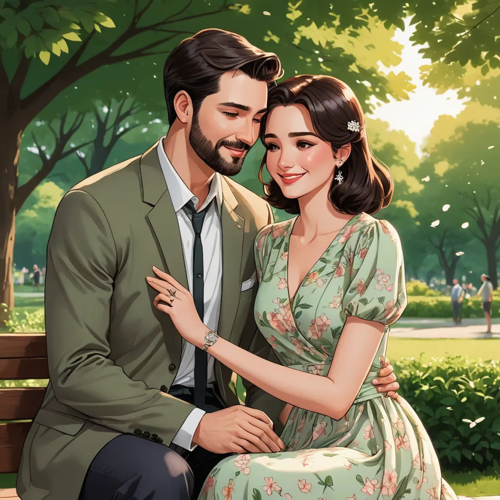 a painting of a man and woman sitting on a bench together, with trees in the background and a park bench in the foreground, serial art, a storybook illustration, Artgerm, stanley artgerm lau