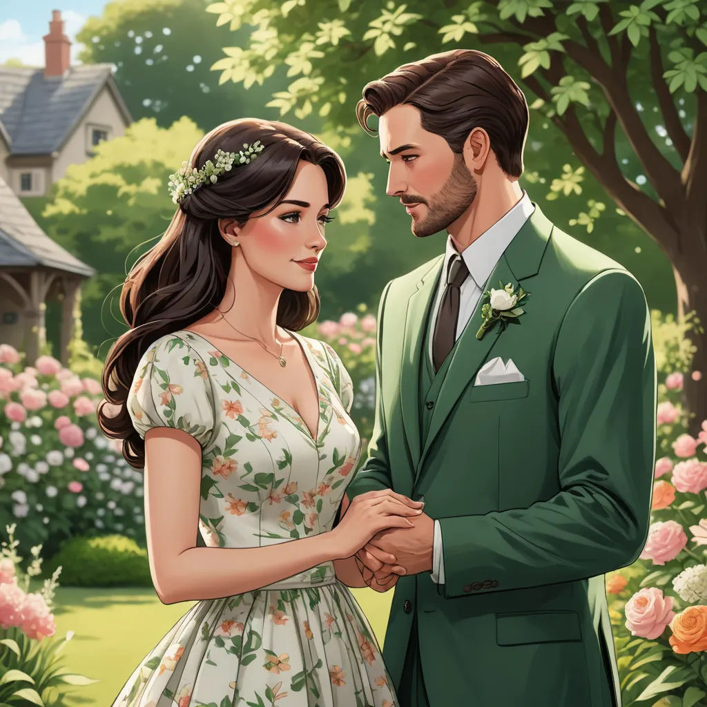 a man and woman standing next to each other in a garden with flowers and trees in the background, one of them is holding the other hand, sots art, a storybook illustration, Colin Middleton, key art