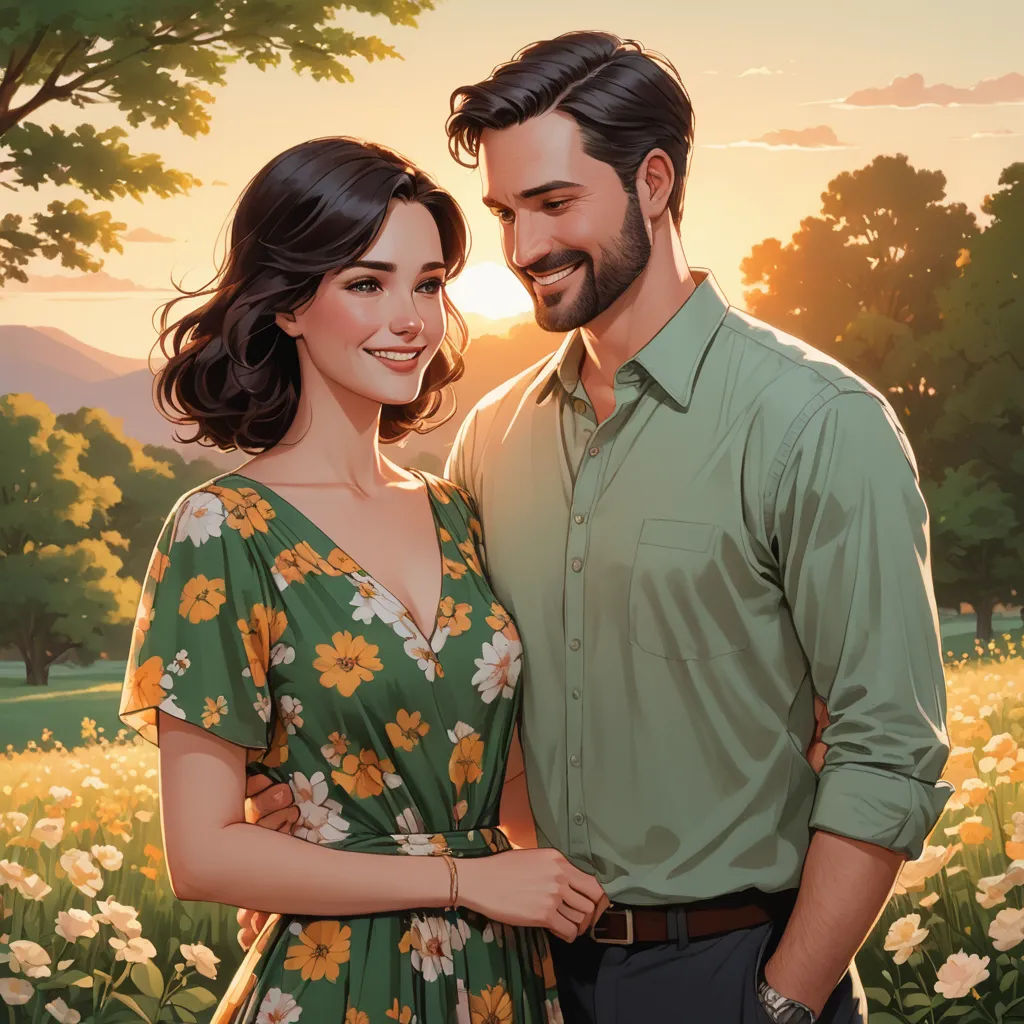 a painting of a man and woman standing in a field of flowers with the sun setting behind them and trees, american scene painting, a storybook illustration, Colin Middleton, kinkade
