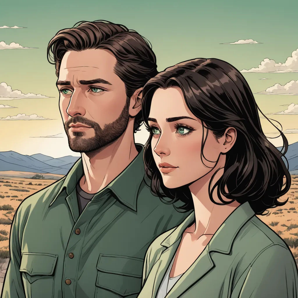 a man and a woman standing in a desert landscape with mountains in the background and clouds in the sky, serial art, a comic book panel, Eve Ryder, graphic novel