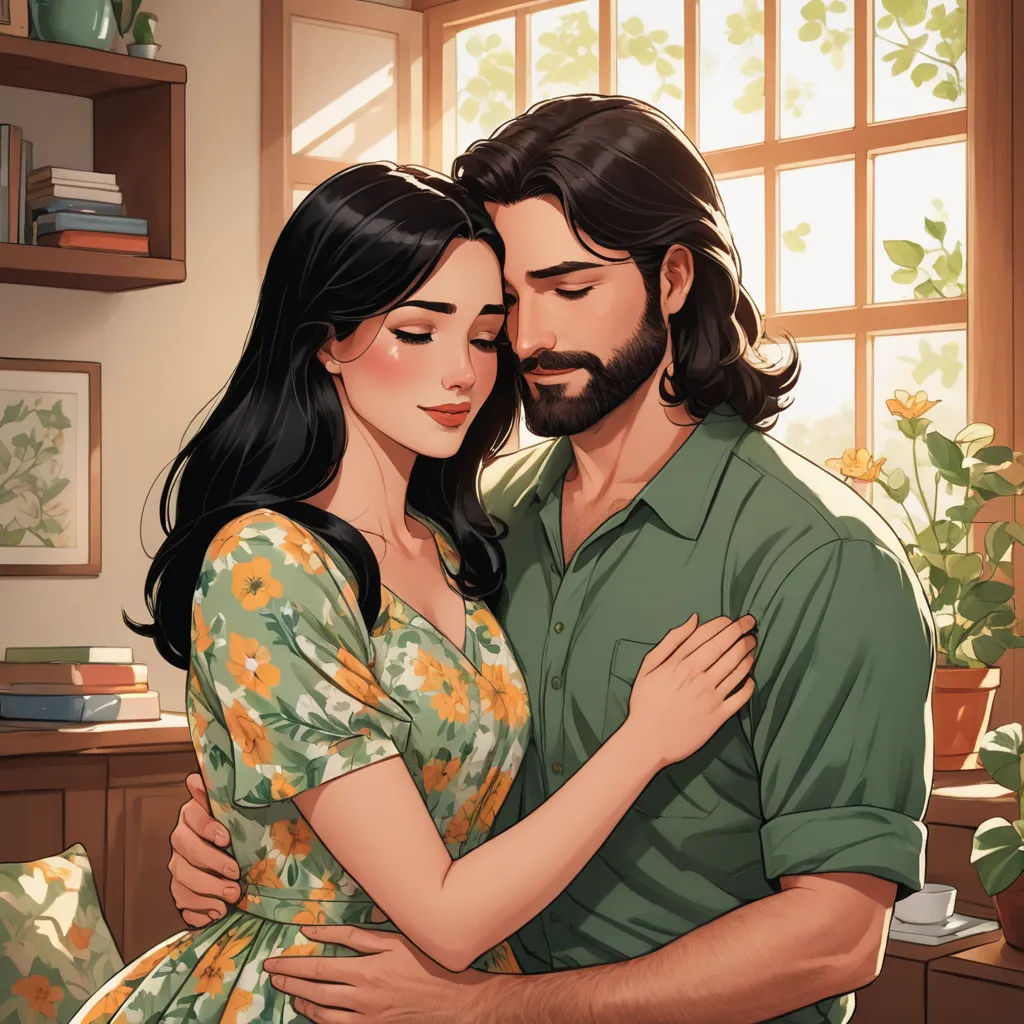 a man and woman hugging in front of a window with a potted plant in the background and a potted plant in the foreground, romanticism, a comic book panel, Artgerm, long black hair