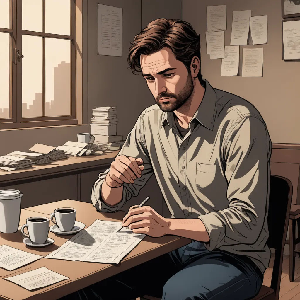 a man sitting at a table with a cup of coffee and papers in front of him, looking at a paper, serial art, a comic book panel, Cedric Seaut (Keos Masons), official art