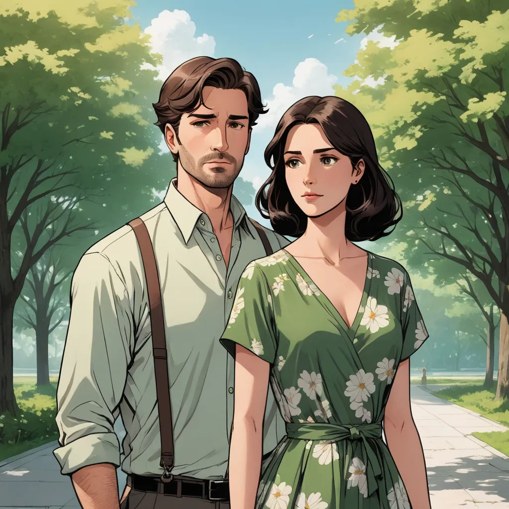 a man and a woman standing next to each other on a street with trees in the background and a sky with clouds, international gothic, a comic book panel, Cedric Seaut (Keos Masons), comic cover art