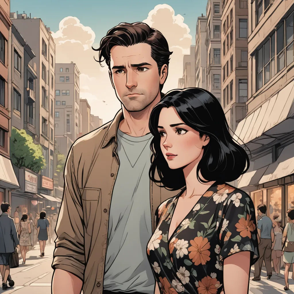 a man and a woman standing in front of a city street with buildings and people walking around them,, harlem renaissance, a comic book panel, Artgerm, comic cover art