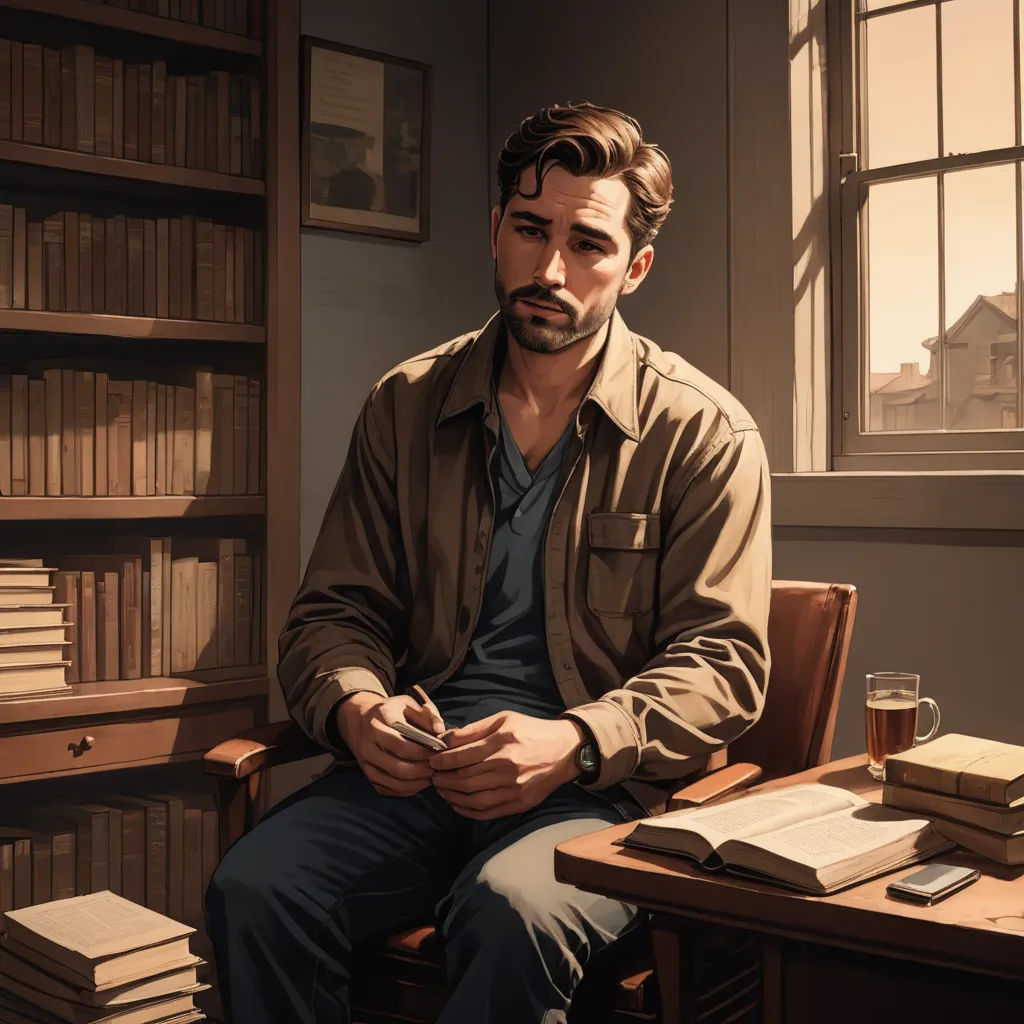 a man sitting in a chair in front of a desk with a bookcase and a cup of coffee, american realism, a character portrait, Edward Otho Cresap Ord, II, tom of finland