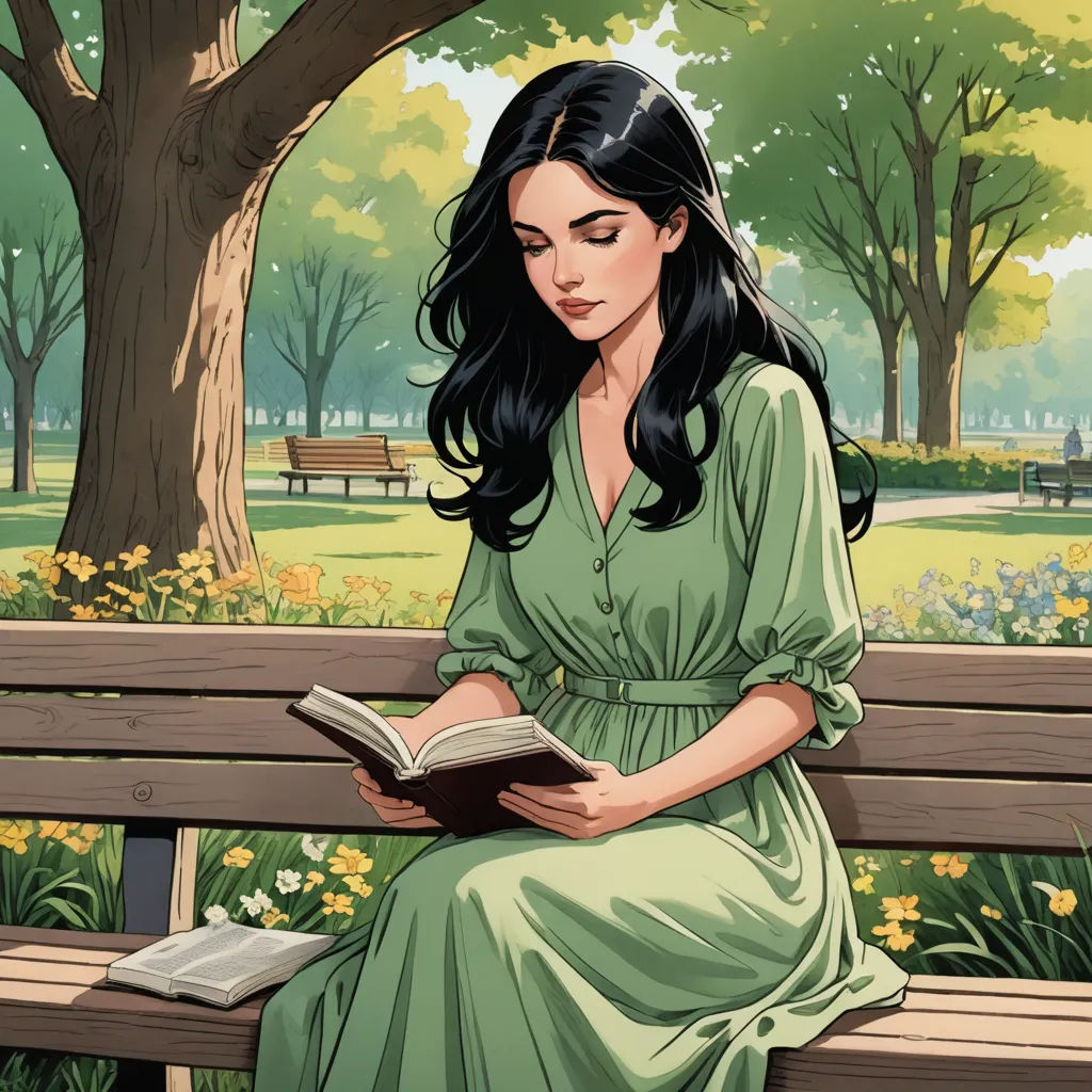 a woman sitting on a bench reading a book in a park with flowers and trees around her, with a park bench in the background, fantasy art, a comic book panel, Colin Middleton, graphic novel