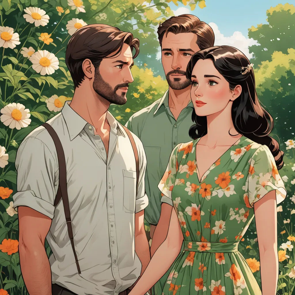 a man and woman standing in a field of flowers with a man holding a camera behind them and a man holding a camera, serial art, a storybook illustration, Eve Ryder, comic cover art
