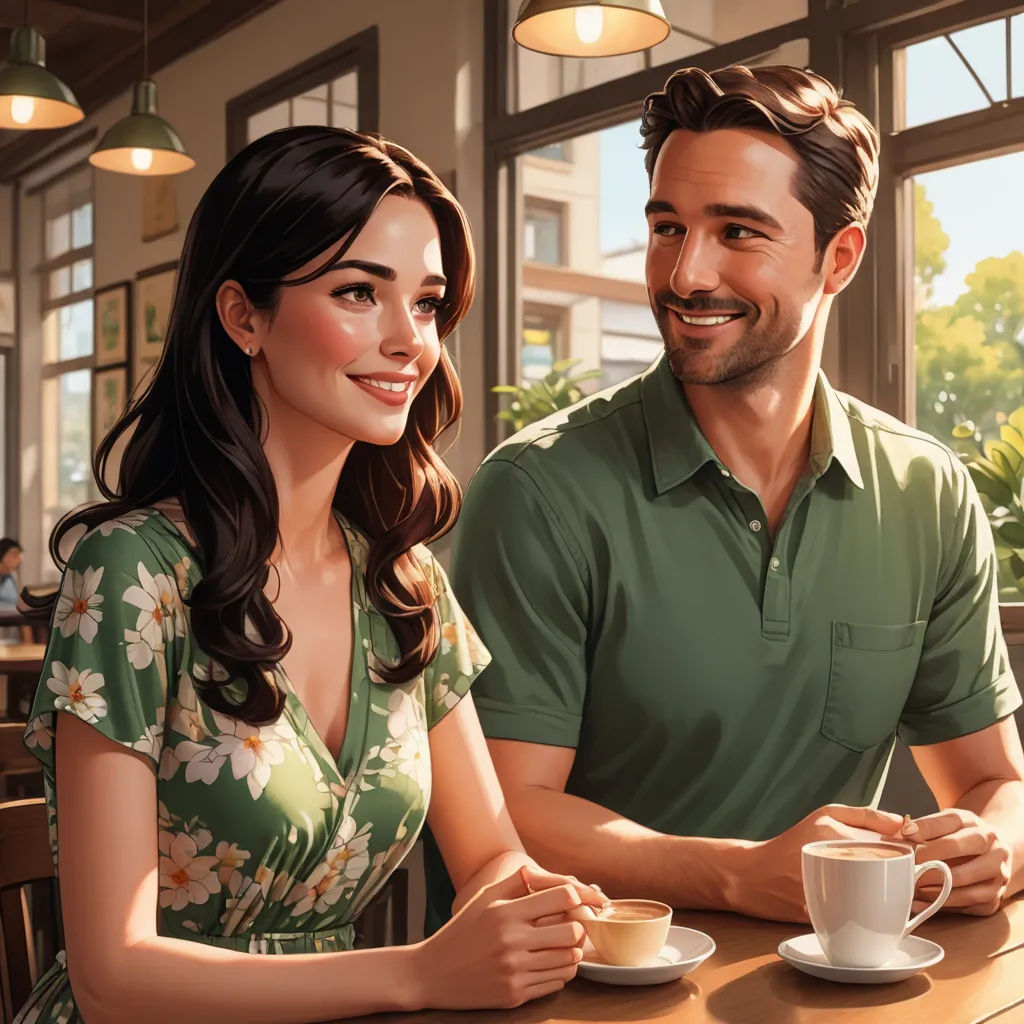 a man and a woman sitting at a table with a cup of coffee in front of them, smiling, american scene painting, a storybook illustration, Colin Middleton, ultra realistic illustration