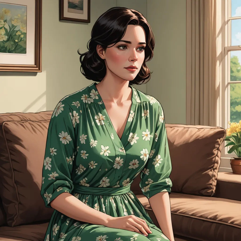 a painting of a woman sitting on a couch in a green dress with flowers on it's sleeves, american realism, a detailed painting, F. Scott Hess, kinkade