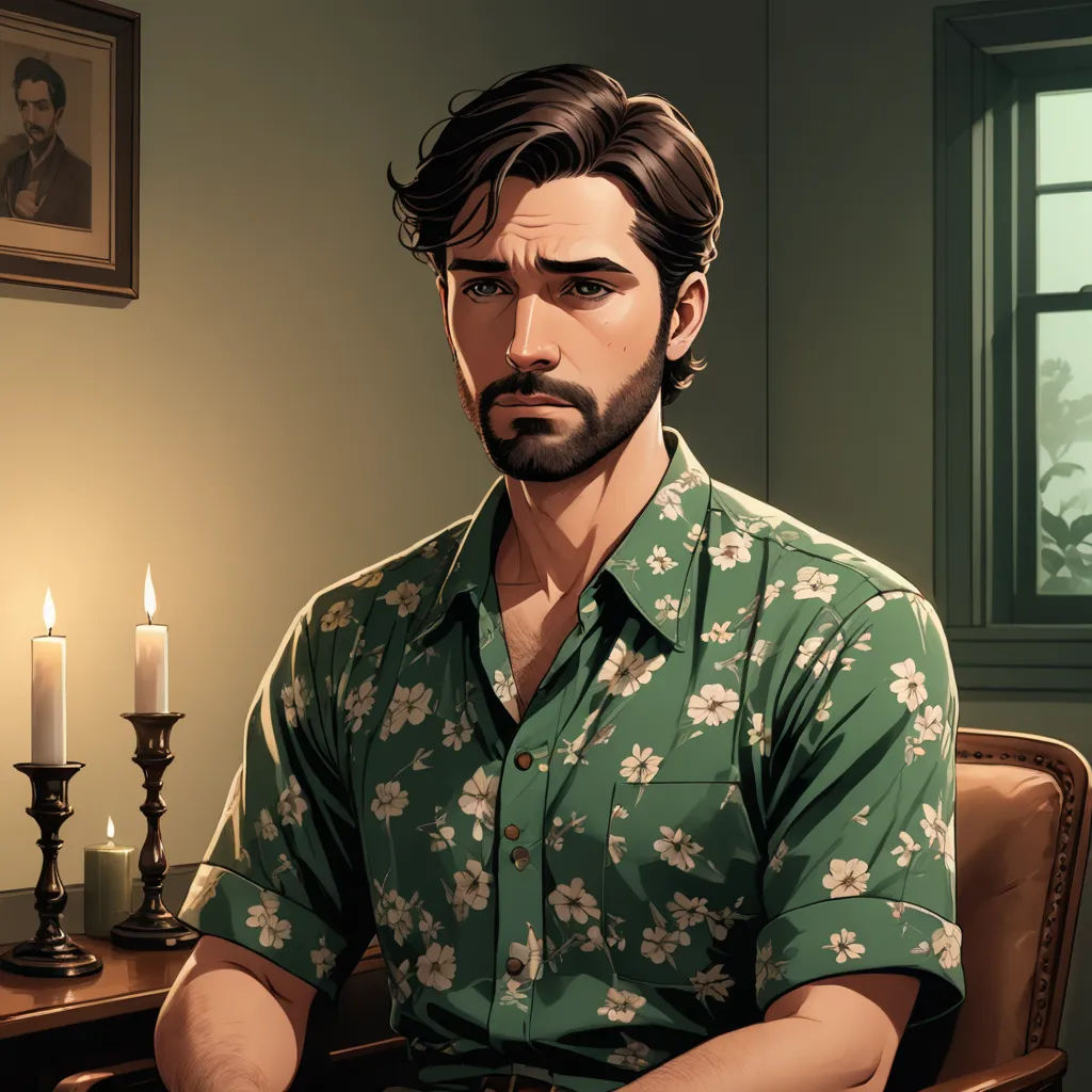 a man sitting in a chair with a candle in front of him and a picture of a man in a green shirt, sots art, a character portrait, Clark Voorhees, kinkade