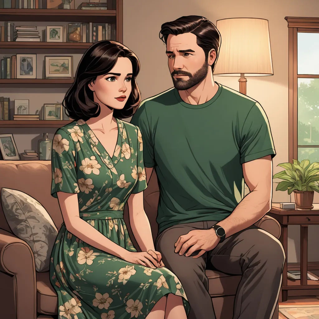 a man and a woman sitting on a couch in a living room next to a window with a lamp, serial art, a comic book panel, Eve Ryder, graphic novel