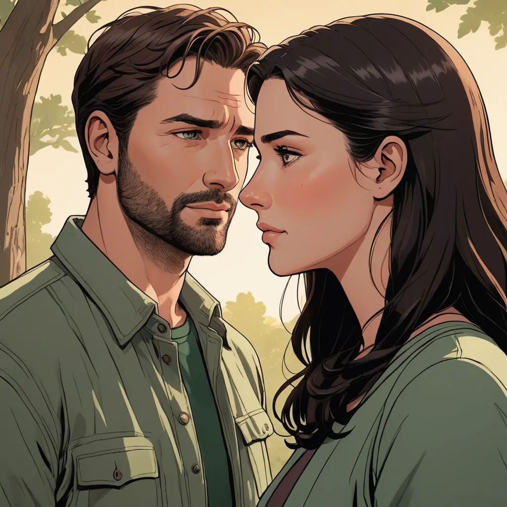 a man and a woman are standing next to each other in a forest, looking at each other with a tree in the background, serial art, a comic book panel, Colin Middleton, graphic novel