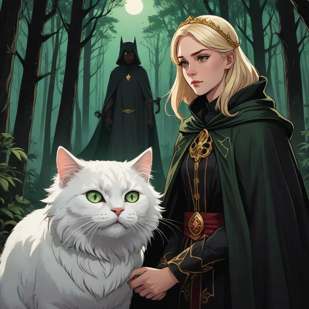 a woman in a green cape standing next to a white cat in a forest with a black cat on her lap, Charlie Bowater, fantasy art, a storybook illustration, official art