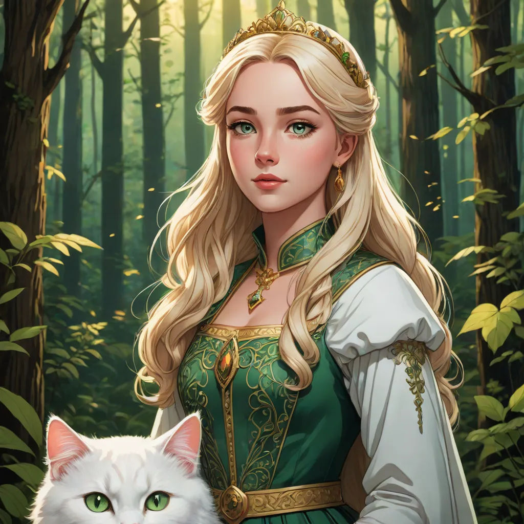 a painting of a woman in a green dress holding a white cat in a forest with trees and leaves, Charlie Bowater, fantasy art, a detailed painting, fantasy artwork