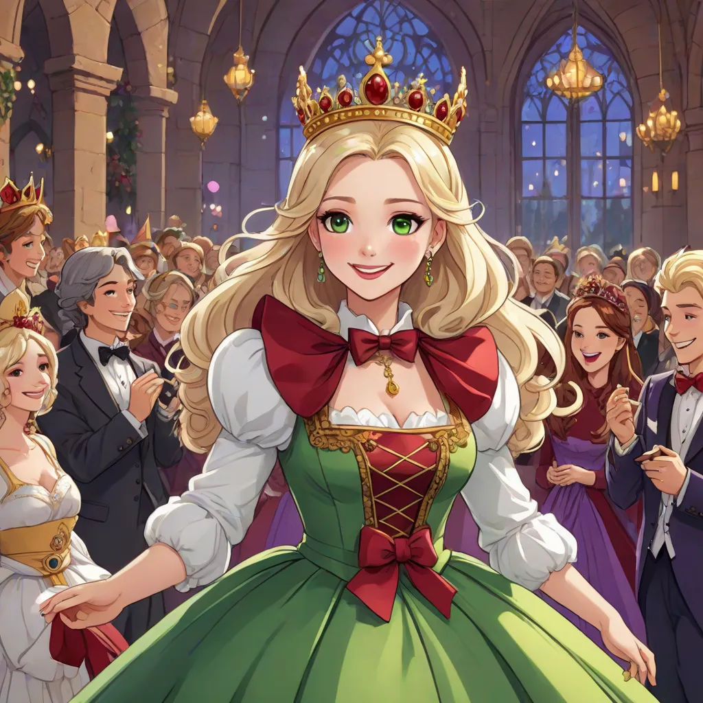 a cartoon of a woman in a green dress surrounded by other people in formal dress and tiaras,, Anne Said, sots art, a detailed painting, official art