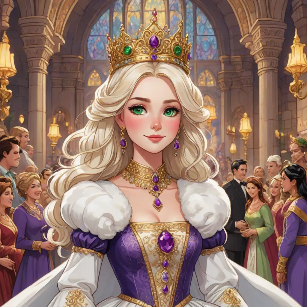 a woman in a purple dress and crown in a crowd of people in a building with a stained glass window, Charlie Bowater, fantasy art, a detailed painting, kinkade