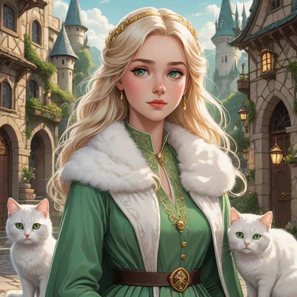 a woman in a green dress and a cat in front of a castle with a clock tower and a clock, Charlie Bowater, fantasy art, a detailed painting, fantasy artwork