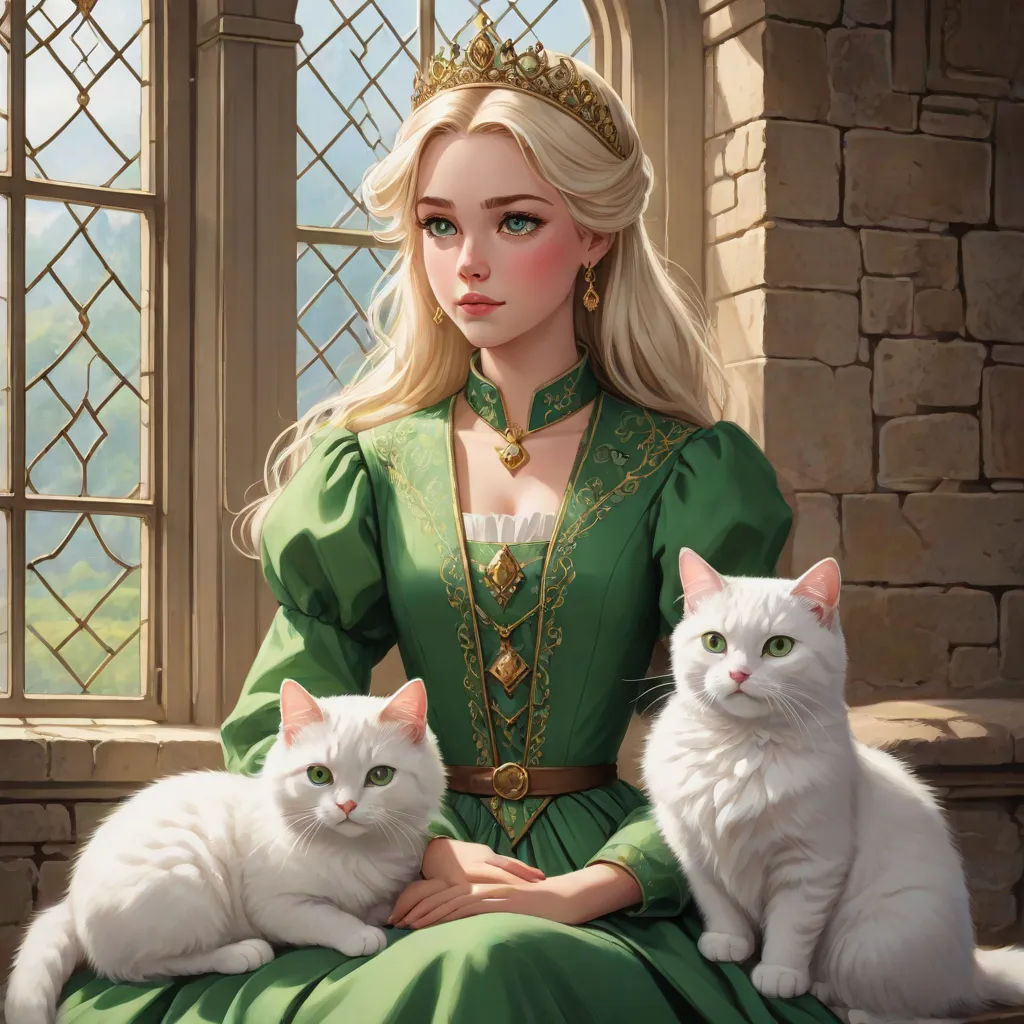 a woman in a green dress with two cats sitting on her lap and a castle window behind her, with a castle like background, Charlie Bowater, fantasy art, a storybook illustration, fantasy illustration