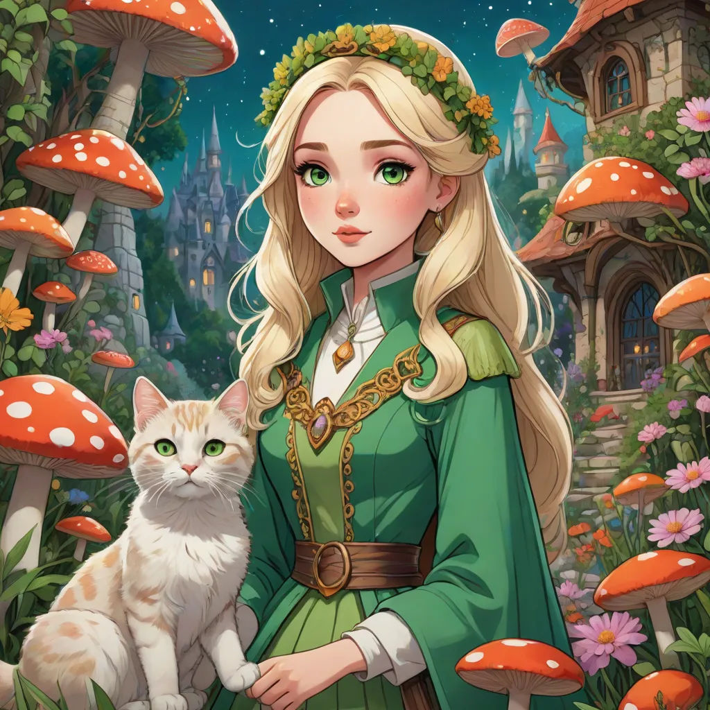 a woman in a green dress holding a cat in front of mushrooms and flowers with a castle in the background, Evaline Ness, fantasy art, a character portrait, fantasy character portrait