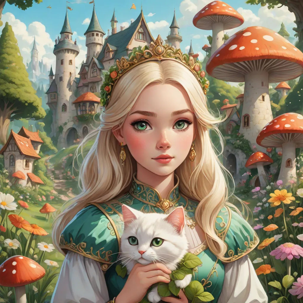 a girl in a green dress holding a white cat in front of a forest with mushrooms and mushrooms on it, Anna Dittmann, fantasy art, a storybook illustration, fantasy illustration