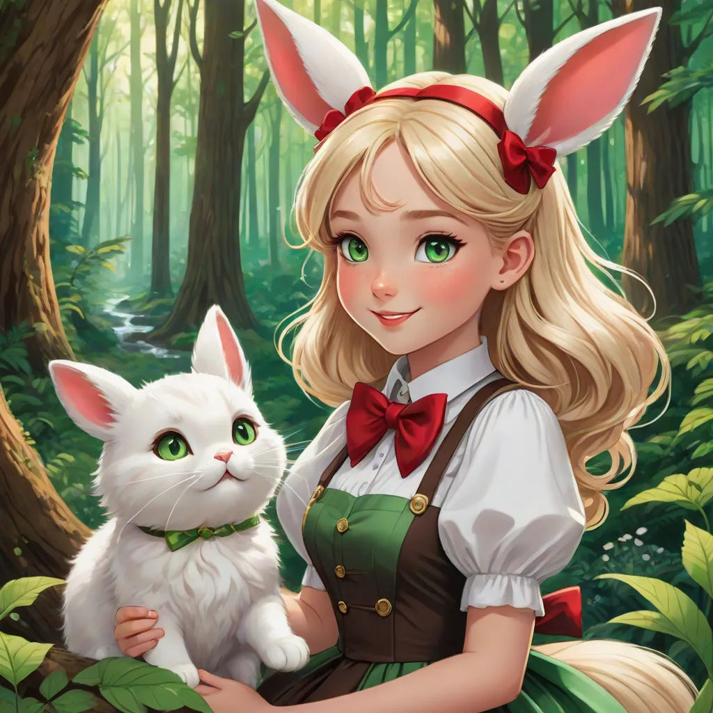 a girl in a forest with a cat and a forest background is featured in this image, the girl is holding a white cat, Alice Prin, fantasy art, a character portrait, rossdraws global illumination