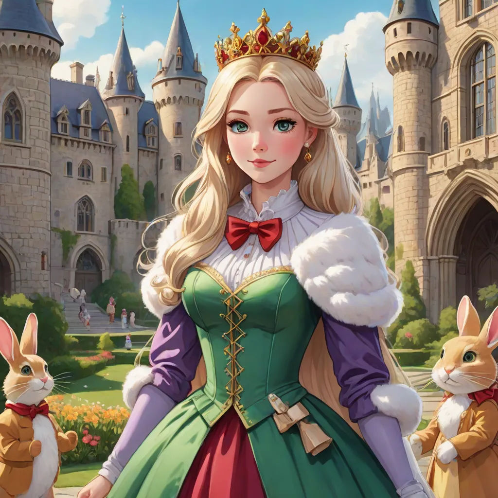 a cartoon of a woman in a green dress and a rabbit in front of a castle with a castle in the background, Artgerm, sots art, a detailed painting, rossdraws global illumination