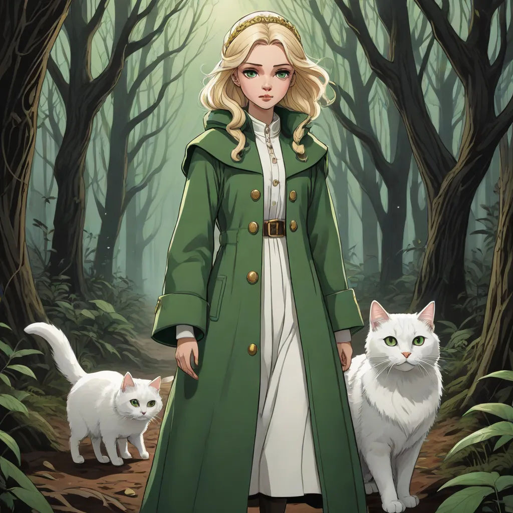 a woman in a green coat standing next to a white cat in a forest with trees and leaves on the ground, Charlie Bowater, fantasy art, a character portrait, official art