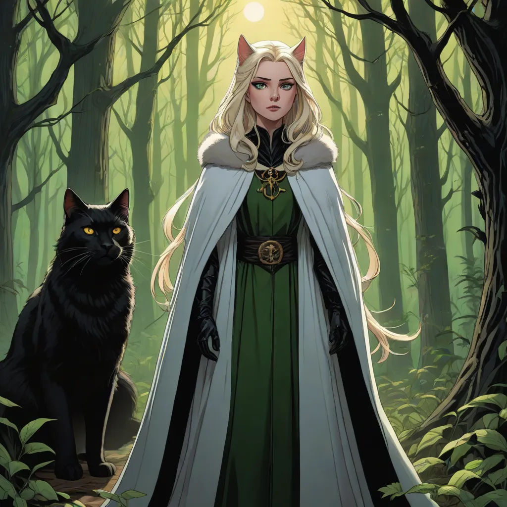 a woman in a green dress standing next to a black cat in a forest with trees and leaves on the ground, Charlie Bowater, fantasy art, a comic book panel, official art