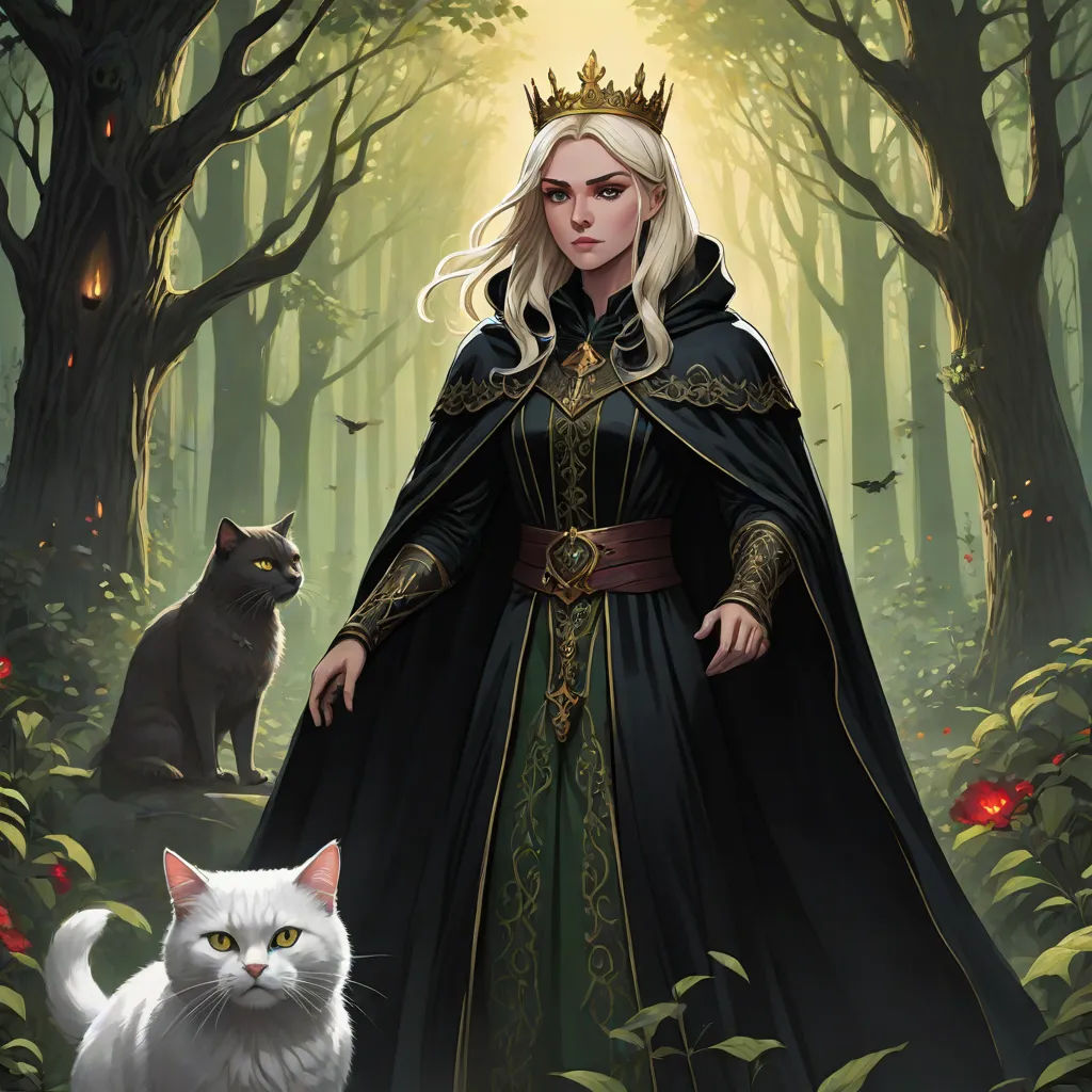 a woman in a black dress standing next to a cat in a forest with a cat sitting on the ground, Charlie Bowater, fantasy art, a character portrait, official art
