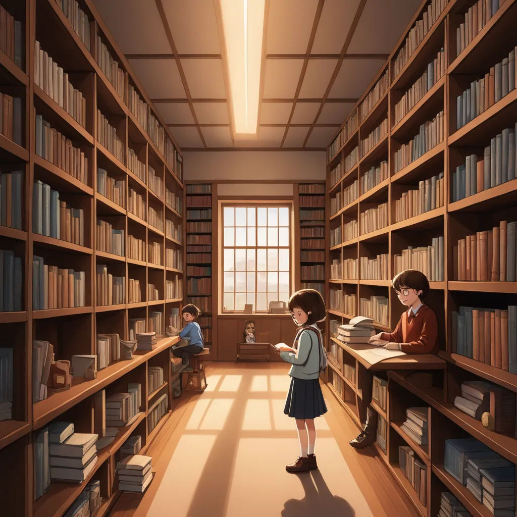 a girl standing in a library with a book on a shelf and a boy sitting at a desk in front of a window, fantasy art, a storybook illustration, Atey Ghailan, anime art