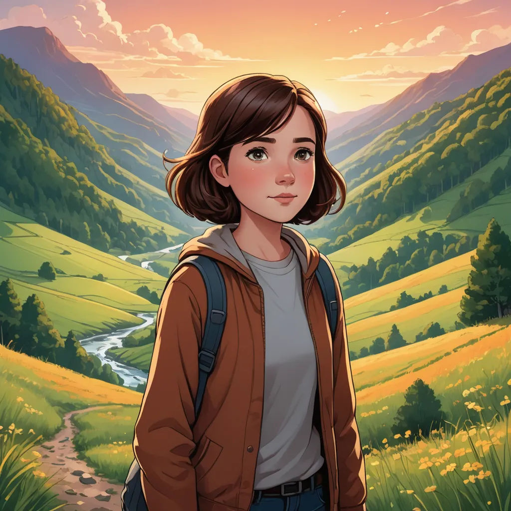 a girl standing in a field with a mountain in the background and a river running through the valley behind her, serial art, a character portrait, Ada Hill Walker, key art