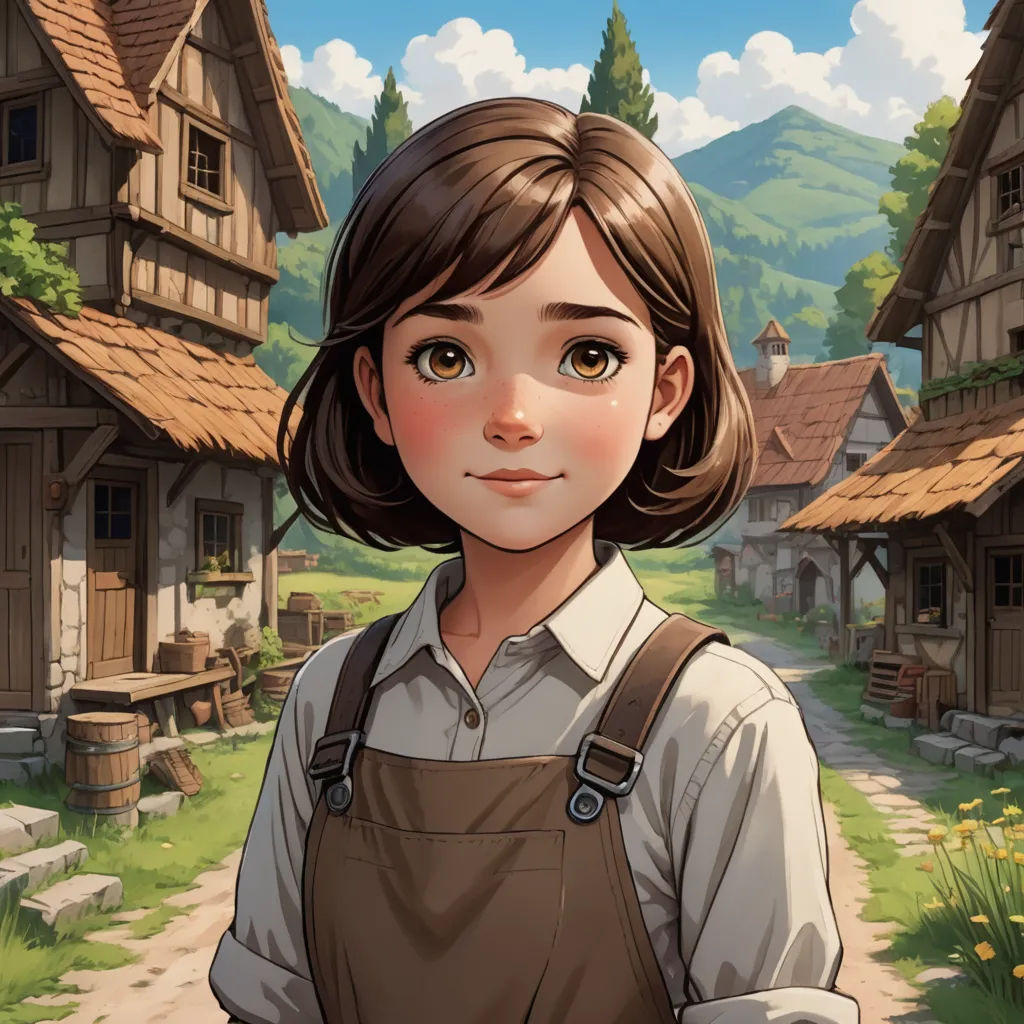 a girl standing in front of a village with a house on the other side of the picture and a mountain in the background, fantasy art, a character portrait, Alice Prin, character portrait