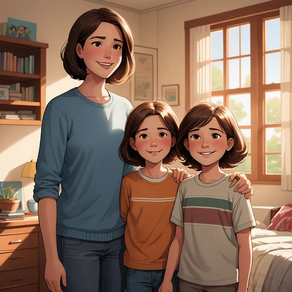 a woman and two children standing in a room with a bed and a window in the background, and a bookcase in the background, serial art, a storybook illustration, Adam Manyoki, rossdraws global illumination