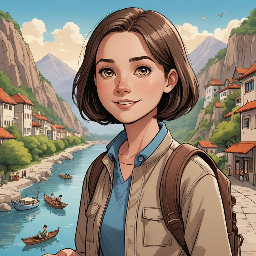 a woman standing in front of a river with boats on it and mountains in the background with houses and boats, fantastic realism, a character portrait, Cliff Childs, comic cover art