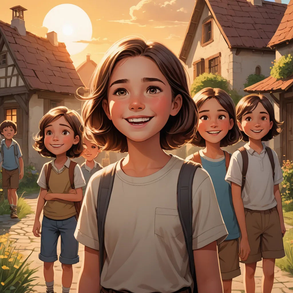 a group of children standing in front of a house with a sunset in the background and a cartoon of a girl with a backpack, paris school, a storybook illustration, Brothers Hildebrandt, rossdraws global illumination