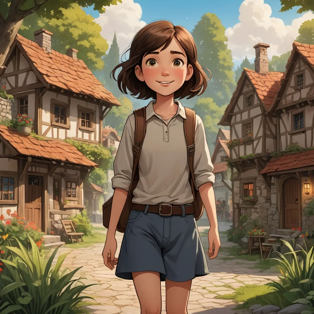 a girl is walking down a path in a village with a house on the other side of the path, fantasy art, a storybook illustration, Cedric Seaut (Keos Masons), rossdraws global illumination