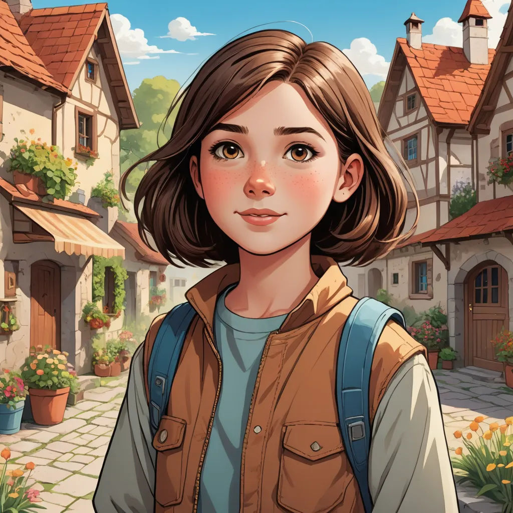 a girl standing in front of a village with flowers and a house in the background with a red roof, paris school, a character portrait, Cedric Seaut (Keos Masons), trending on art station