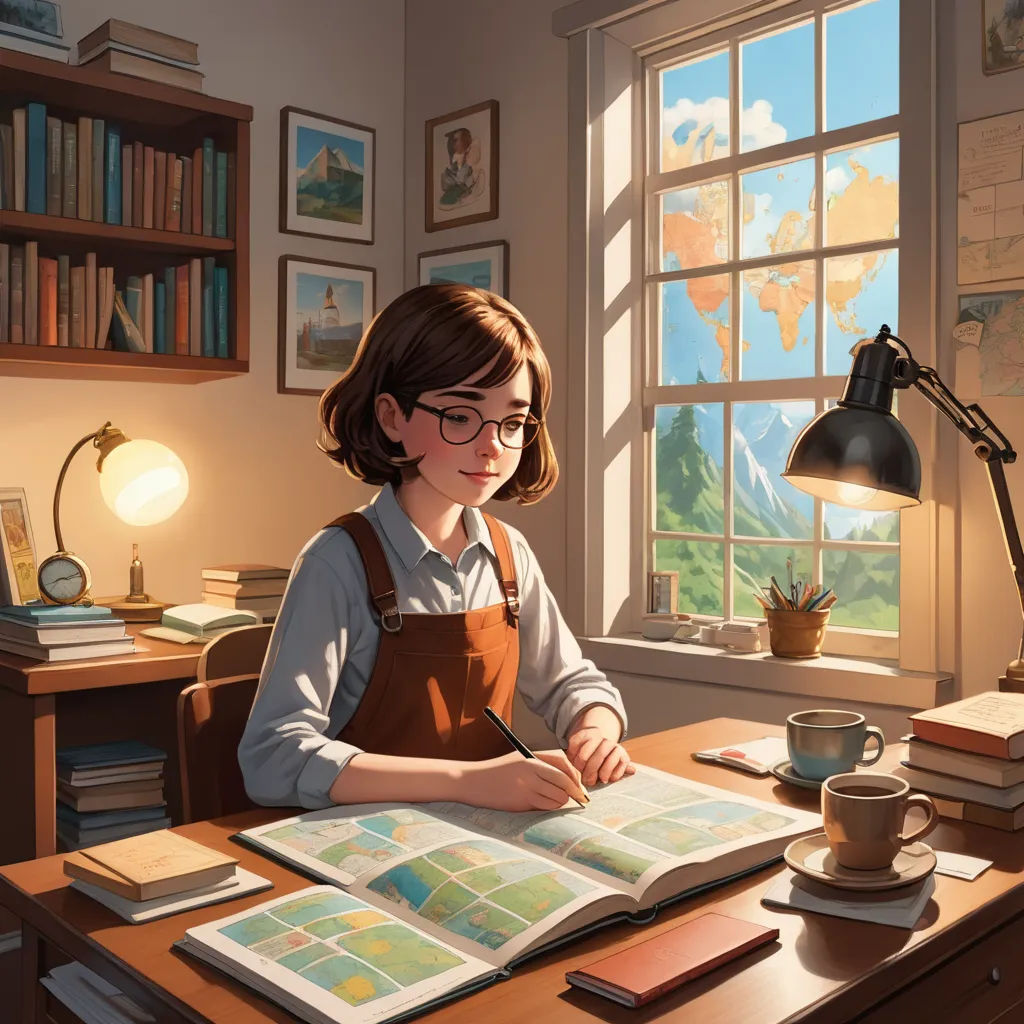 a girl is sitting at a desk with a book and a cup of coffee and a book on it, american scene painting, a storybook illustration, Atey Ghailan, rossdraws global illumination