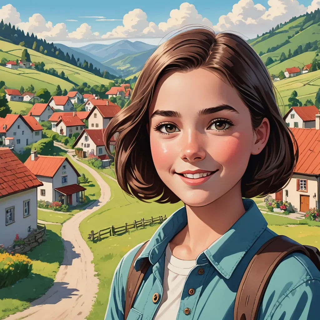 a girl with a backpack standing in front of a village with a road and houses on the hillside behind her, american scene painting, a character portrait, Ada Gladys Killins, ultra realistic illustration