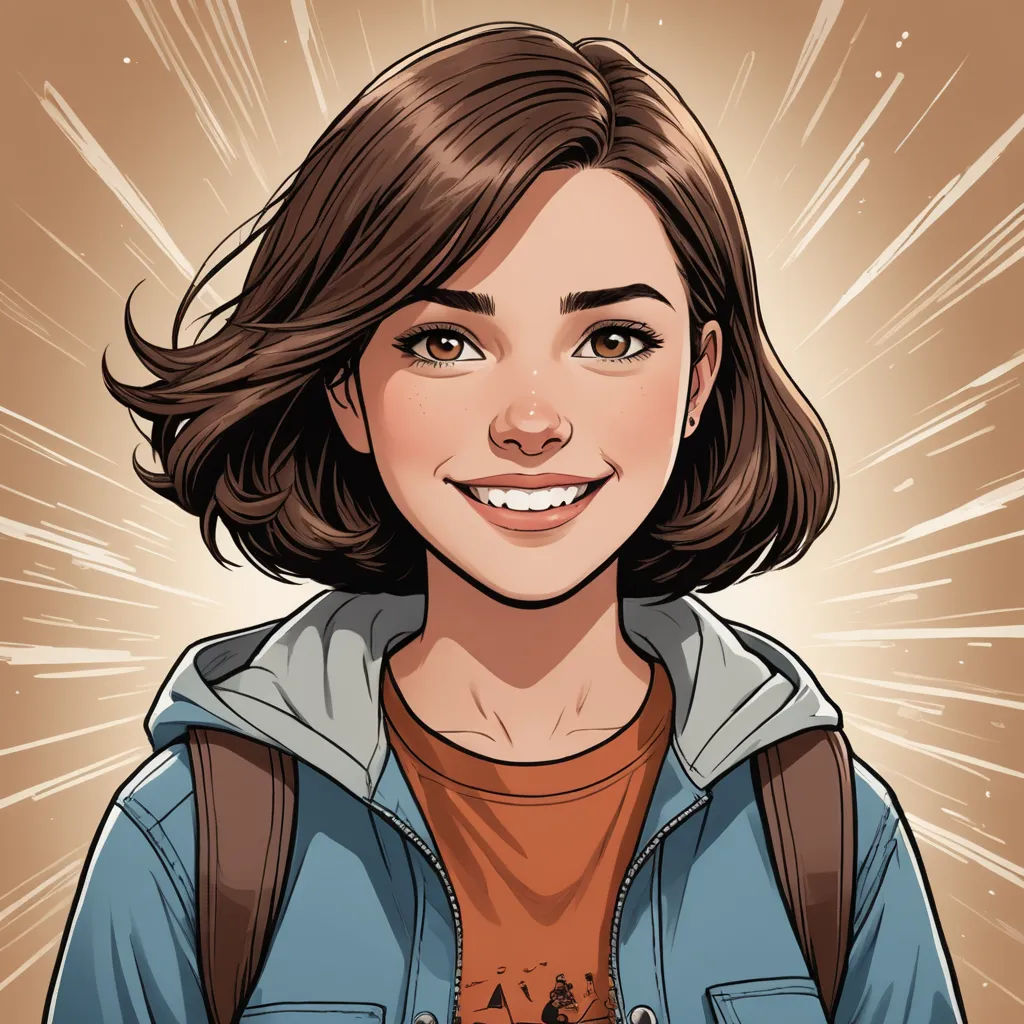 a cartoon of a woman with a backpack on her shoulder and a starburst in the background with a light burst, process art, a character portrait, Artgerm, comic cover art
