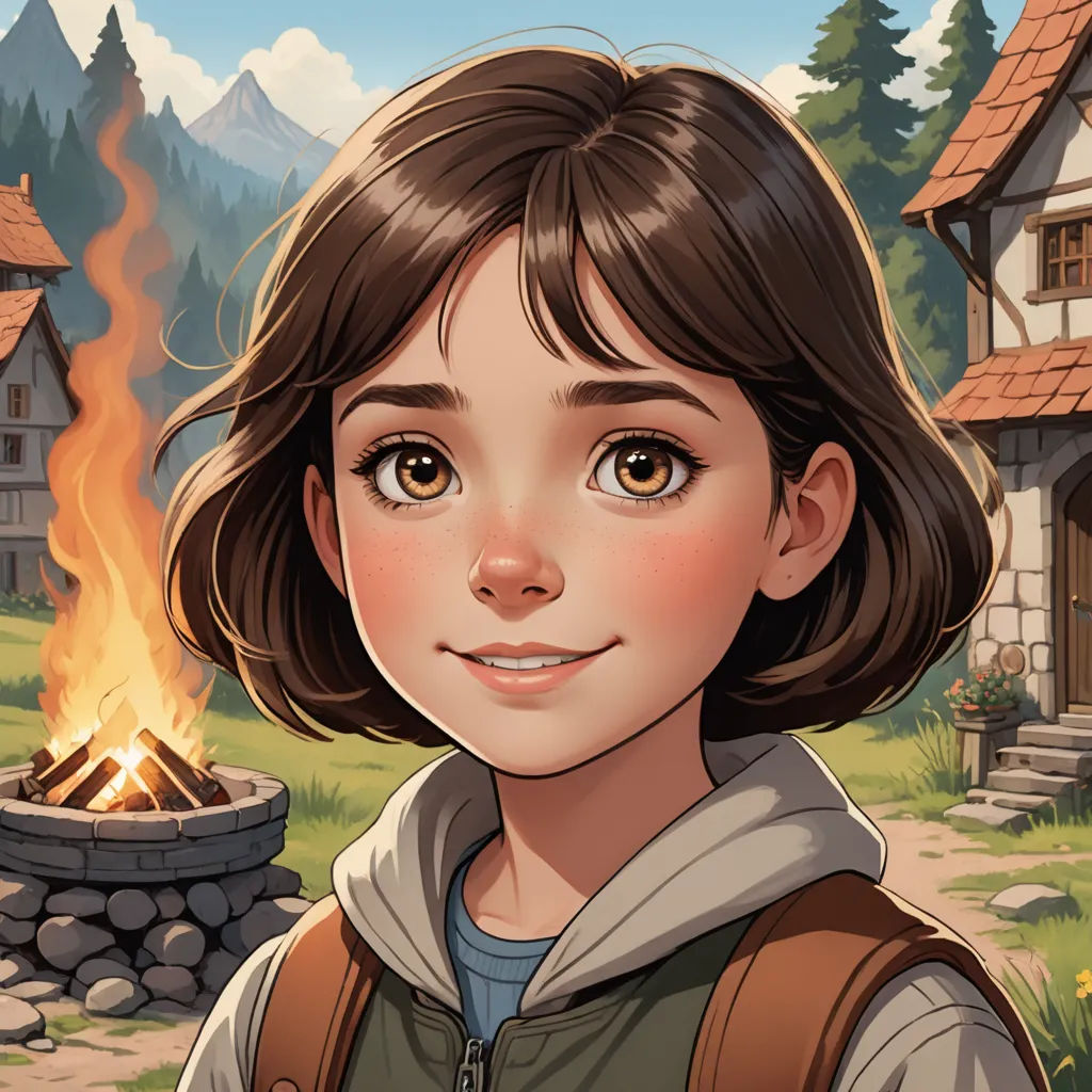 a girl standing in front of a fire pit in a forest with a house on it and a forest in the background, fantasy art, a character portrait, Ada Gladys Killins, rpg portrait