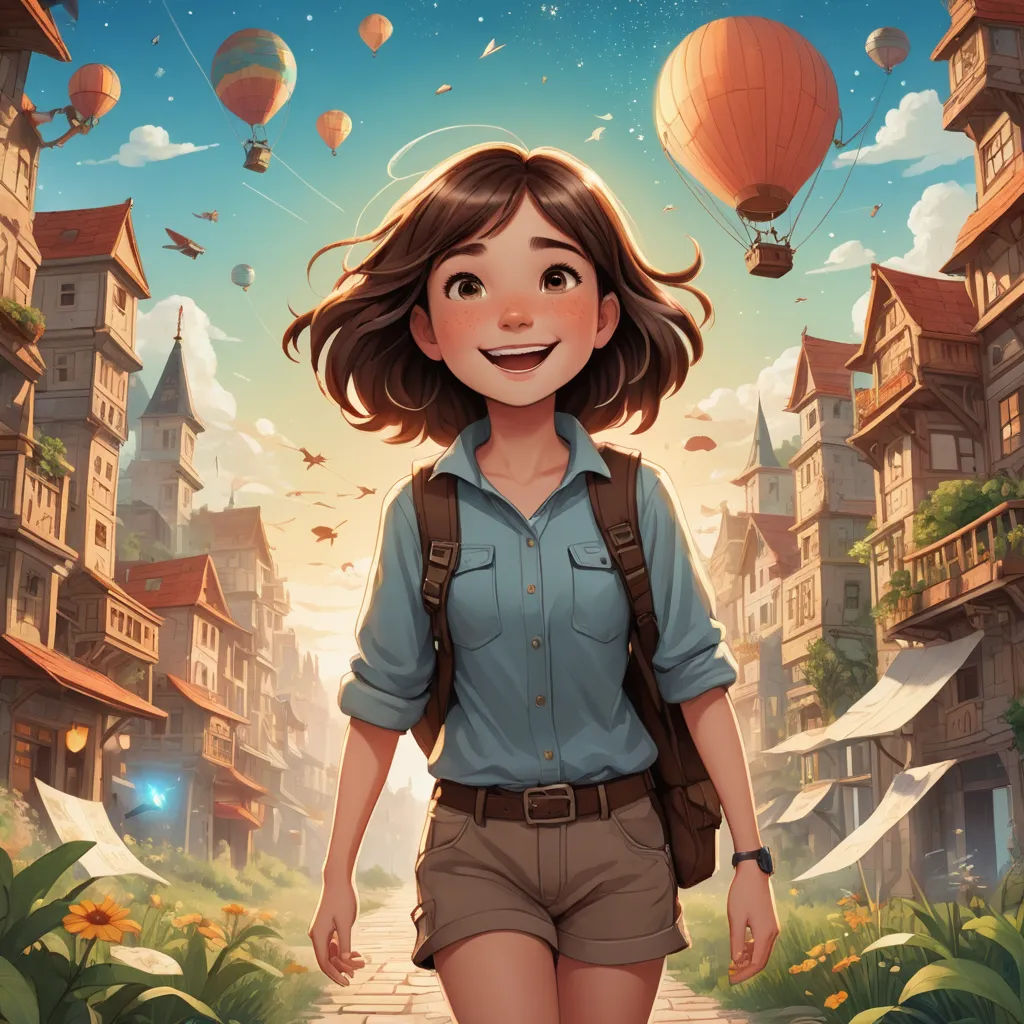 a girl is walking down a path in a cartoon style with hot air balloons flying above her and a city in the background, fantasy art, a storybook illustration, Atey Ghailan, rossdraws global illumination