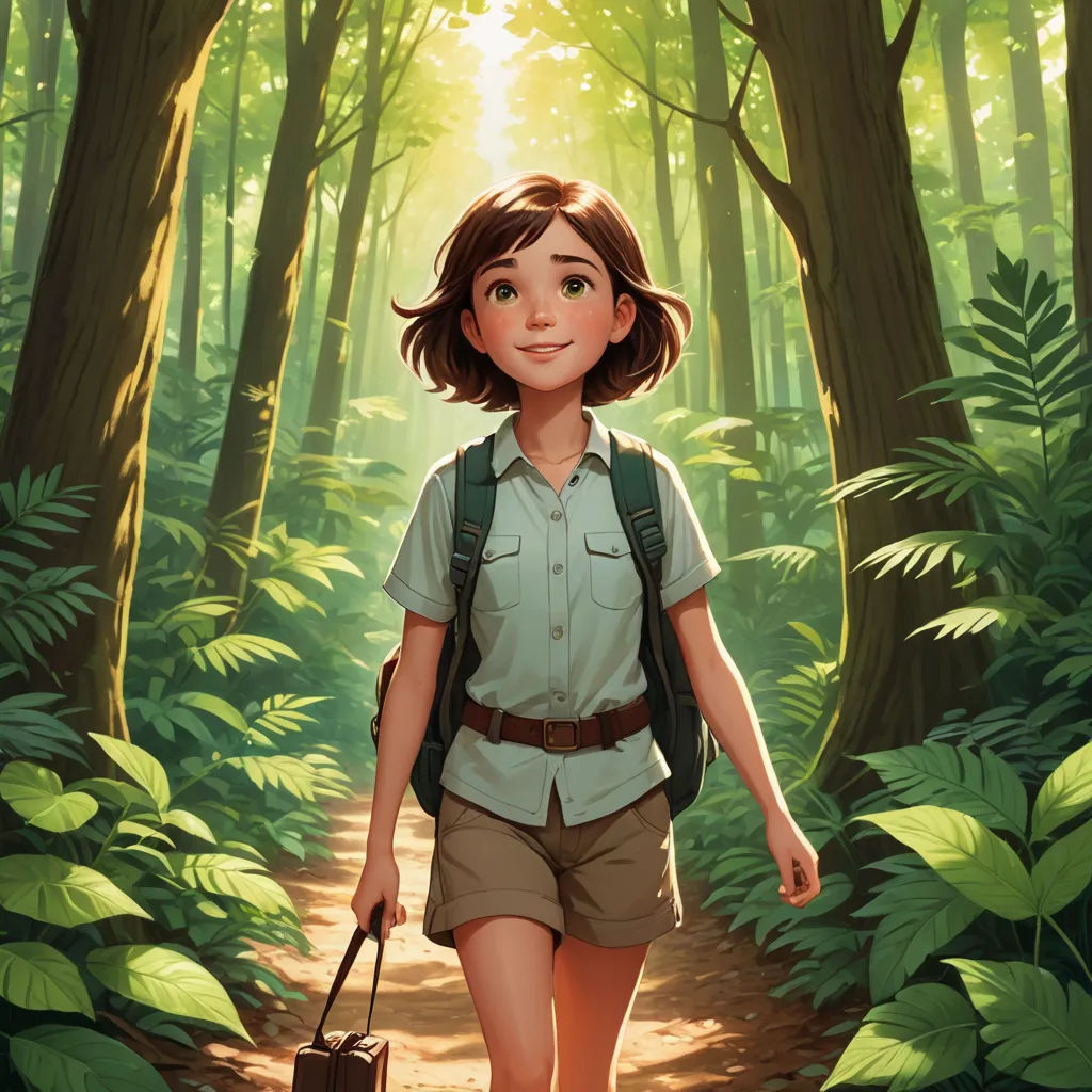 a girl walking through a forest with a backpack on her back and a suitcase in her hand, with the sun shining through the trees, magical realism, a storybook illustration, Cliff Childs, official art